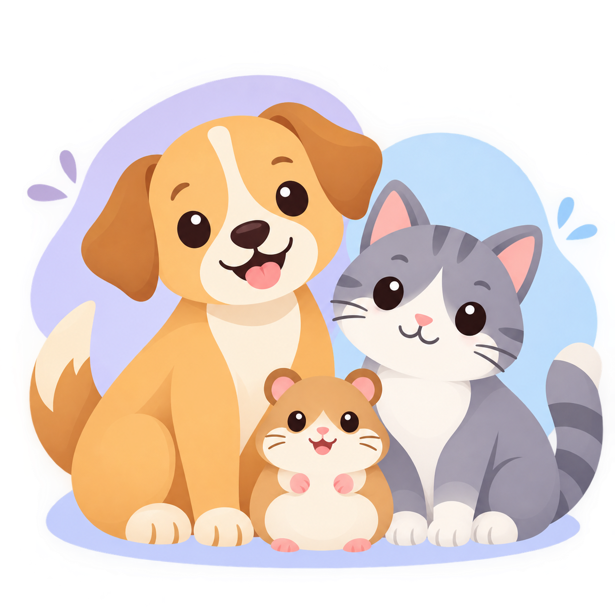 Cute cartoon dog, cat, and hamster together